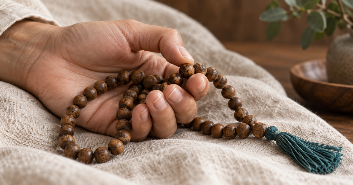 Hand gently moving one mala bead while the strand rests across the palm