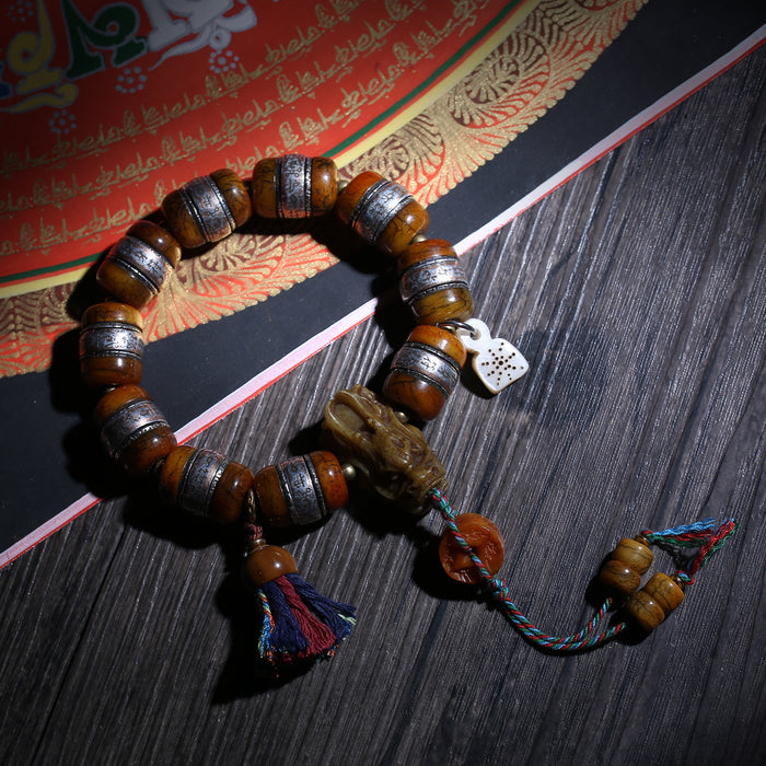 Barrel Bead Tibetan Buddhist Bracelet with Metal Bands