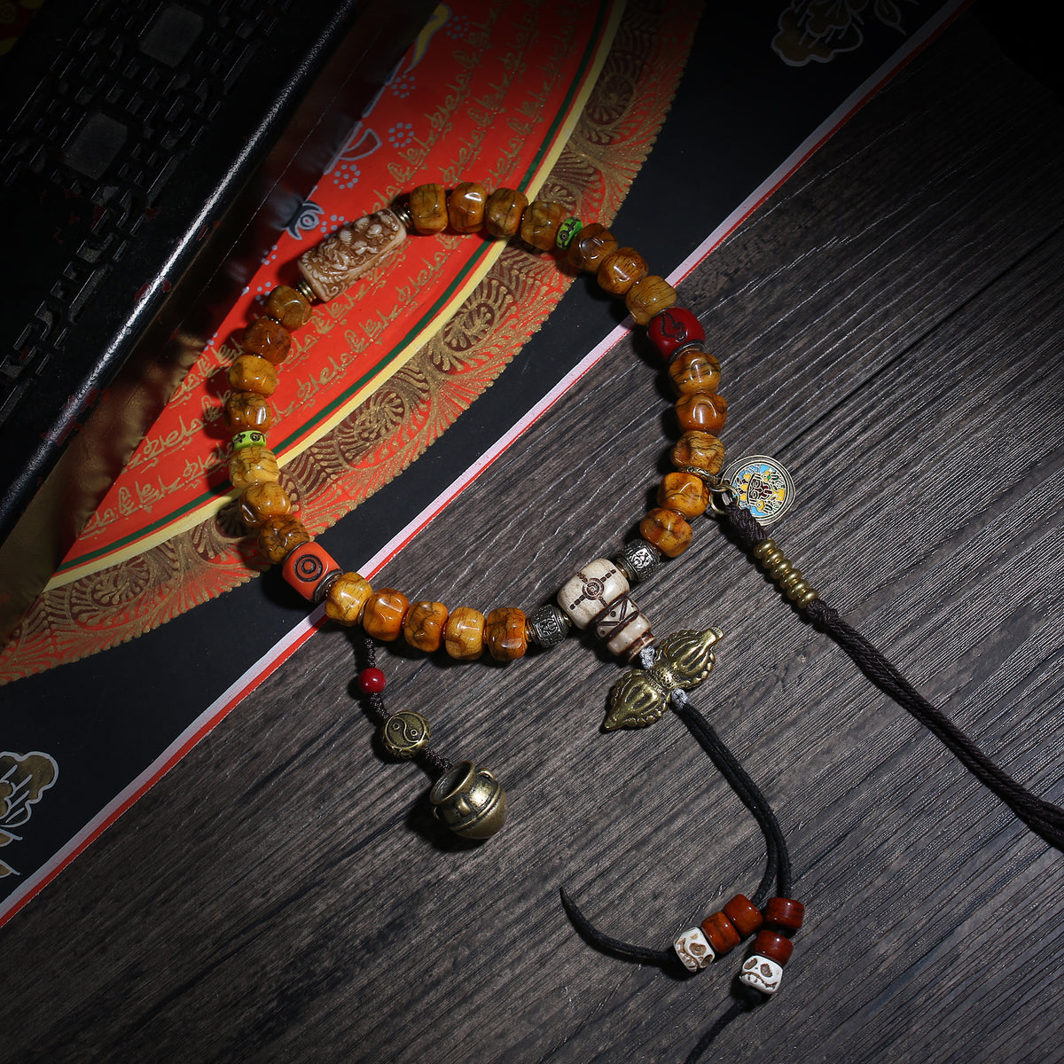 Golden Brown Handheld Buddhist Prayer Beads with Charms