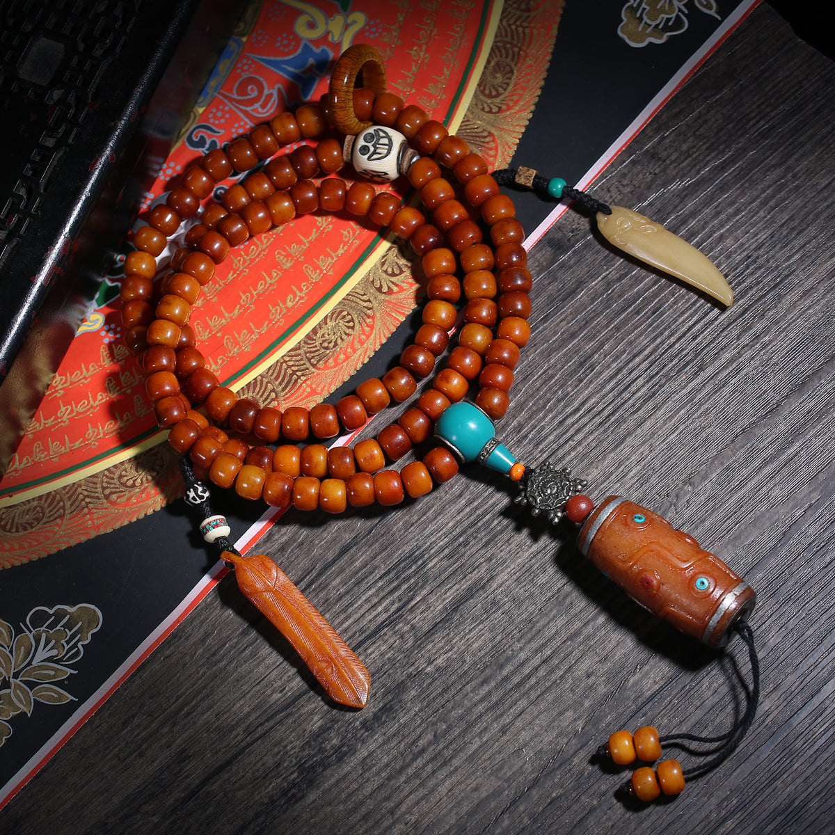 Warm Brown 108 Mala Beads with Turquoise-Color Accents