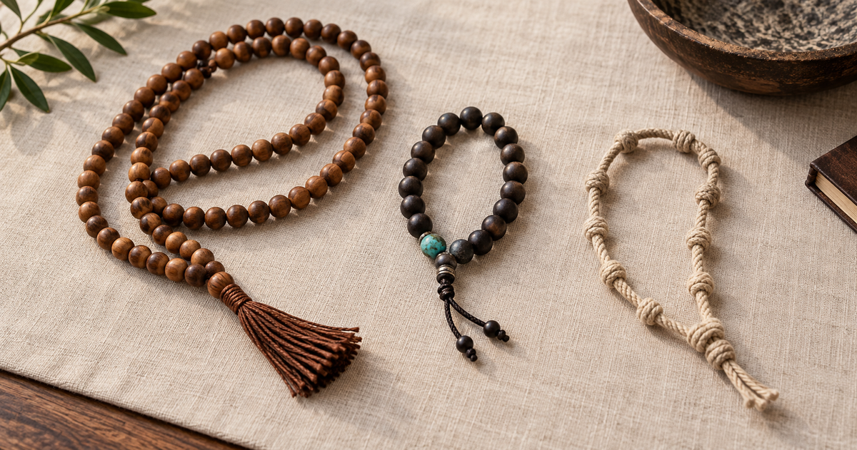 Long and handheld prayer bead formats arranged separately on warm neutral fabric