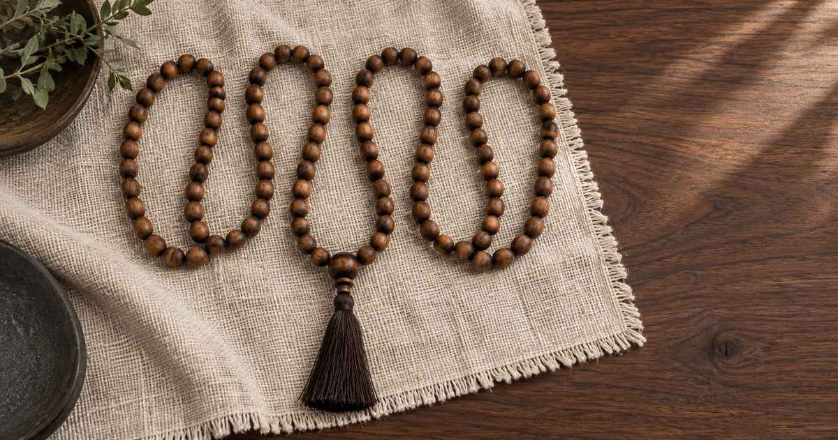 Mala beads arranged in four curved sections on warm neutral fabric