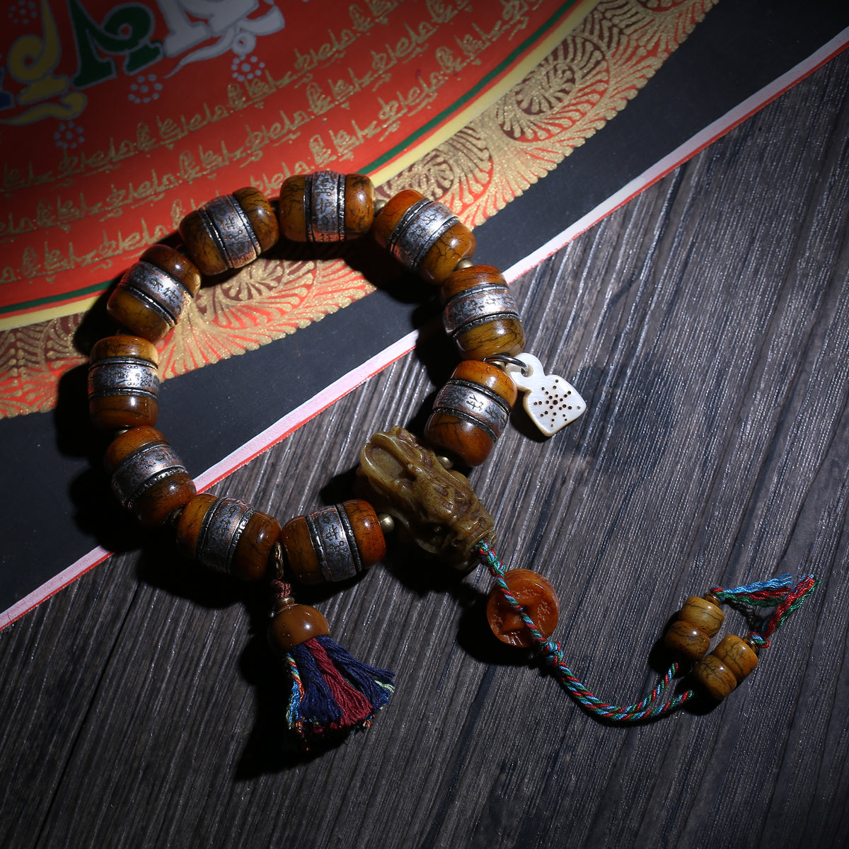 Barrel Bead Tibetan Buddhist Bracelet with Metal Bands