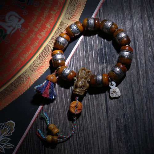 Detail view of Barrel Bead Tibetan Buddhist Bracelet with Metal Bands (2 of 6)