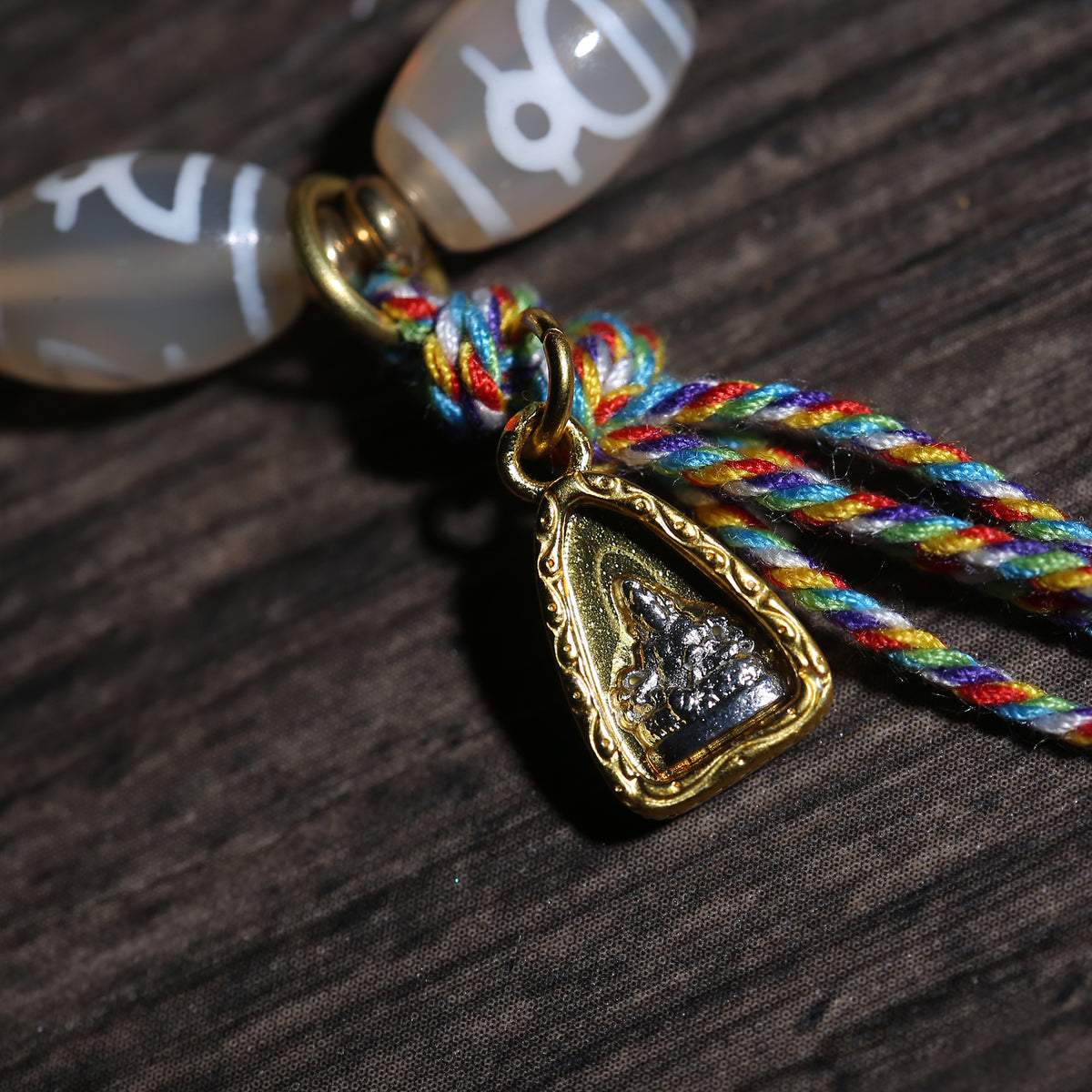 Detail view of Gray Dzi-Style Buddhist Bracelet with Turquoise Accent (3 of 6)