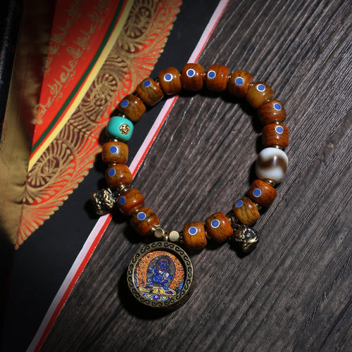 Brown Inlaid Bead Tibetan Bracelet with Medallion Charm