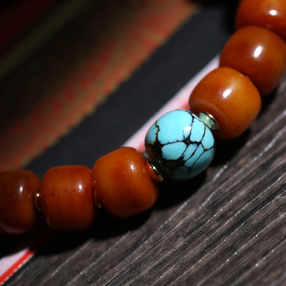 Detail view of Minimalist Amber-Color Buddhist Bead Bracelet (2 of 6)