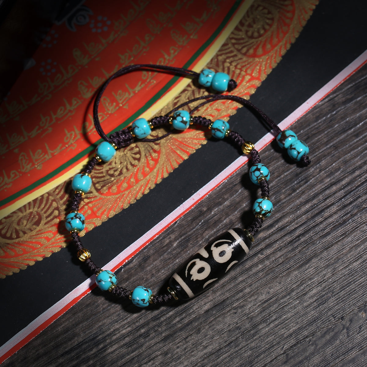 Turquoise-Color Tibetan Bracelet with Dzi-Style Centerpiece