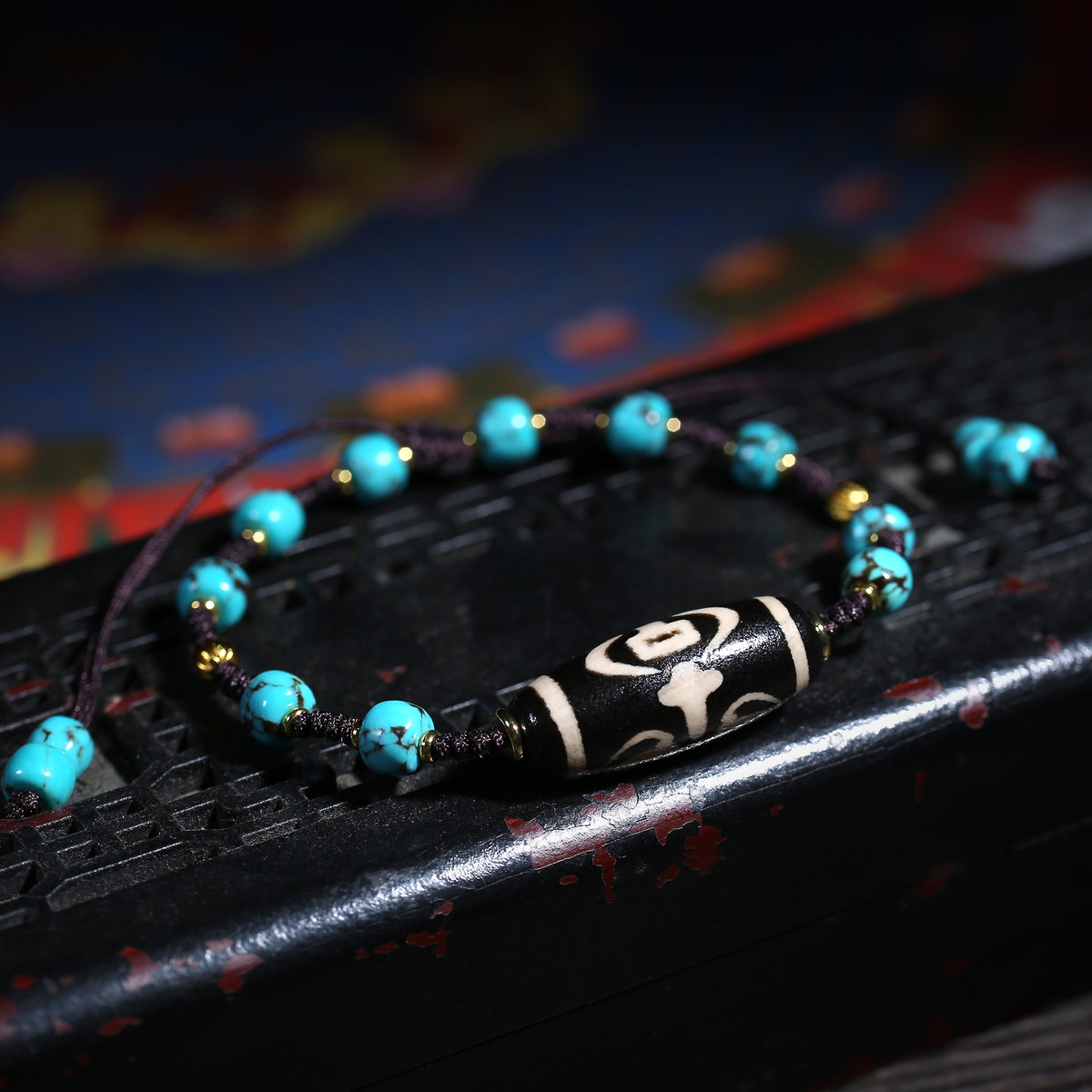 Detail view of Turquoise-Color Tibetan Bracelet with Dzi-Style Centerpiece (5 of 6)