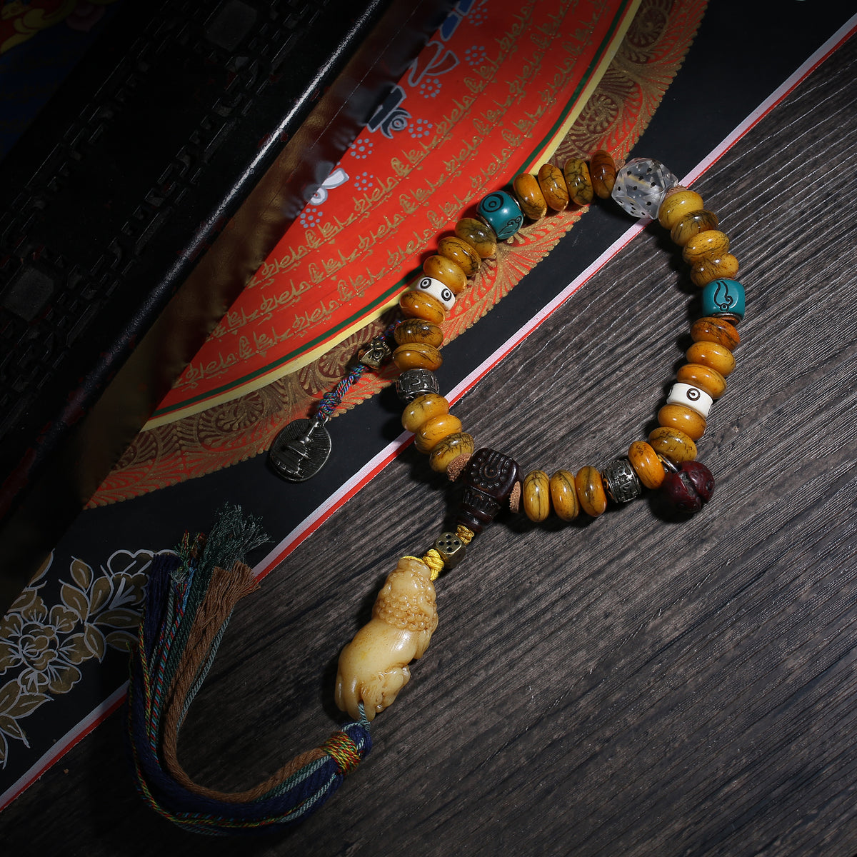 Golden Brown Handheld Tibetan Prayer Beads with Tassel