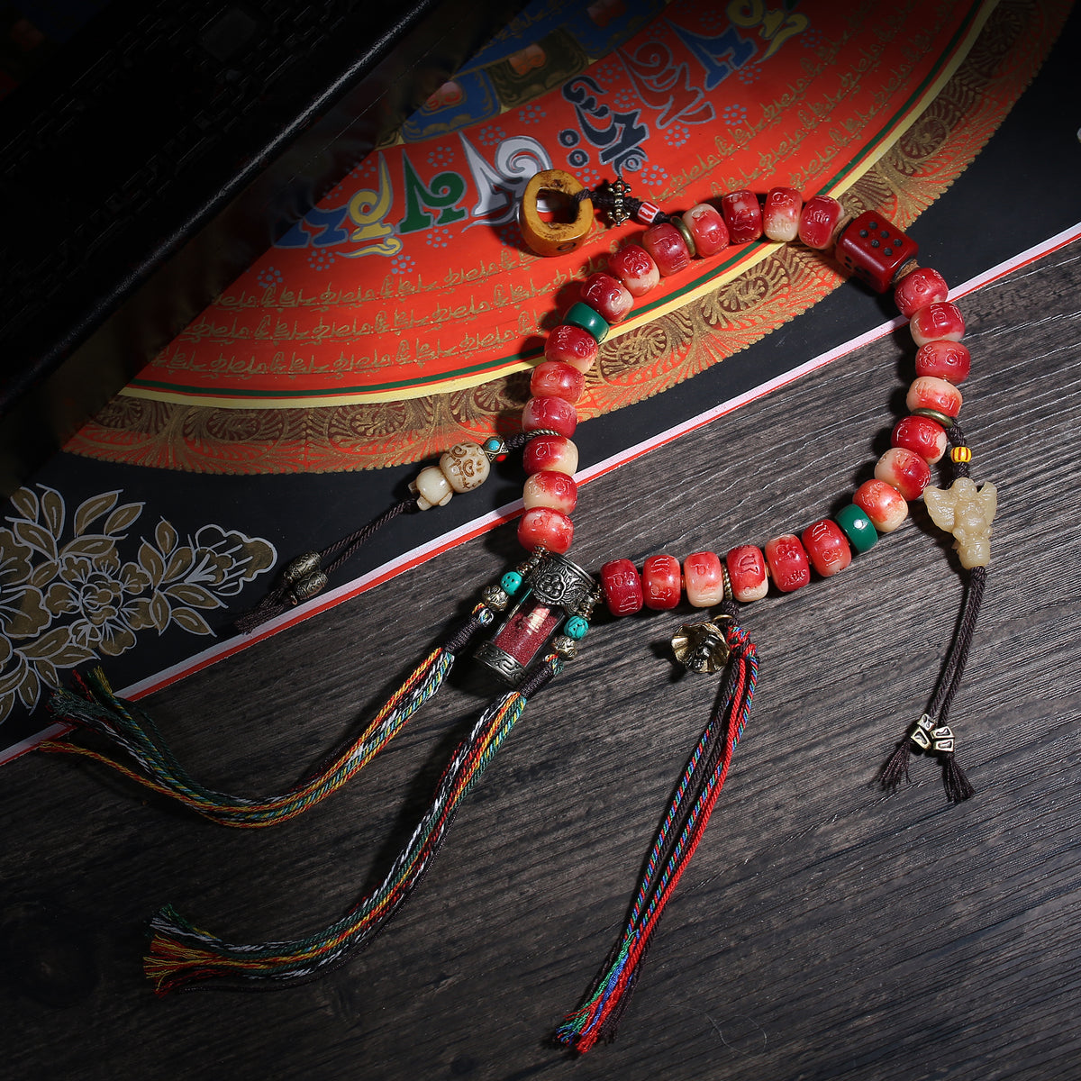 Red Carved Handheld Buddhist Prayer Beads with Tassels