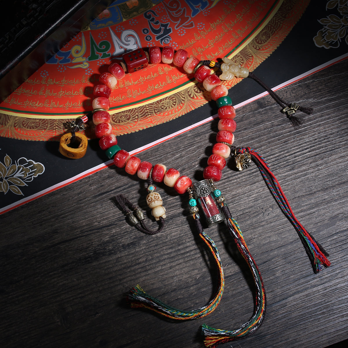 Detail view of Red Carved Handheld Buddhist Prayer Beads with Tassels (2 of 6)