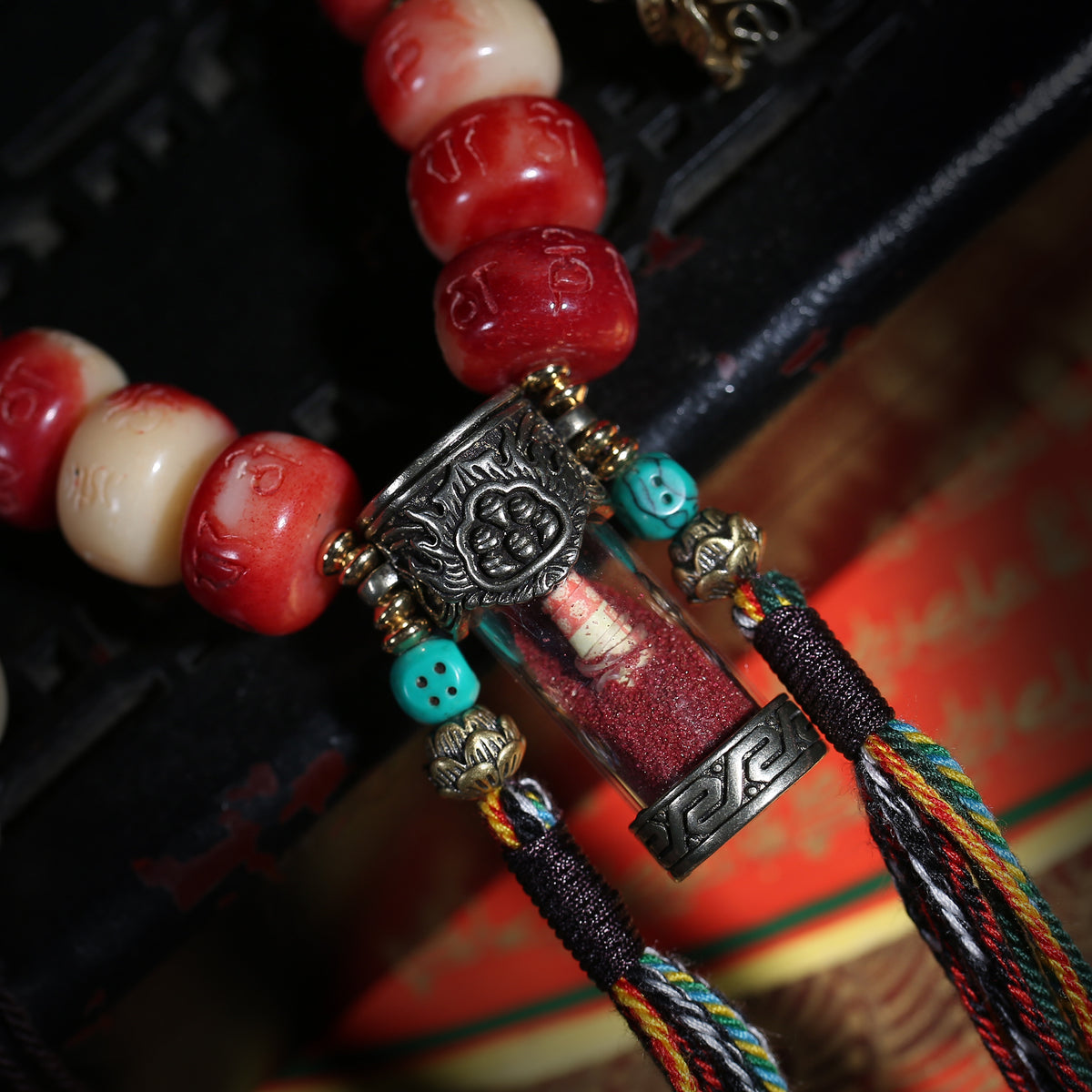 Detail view of Red Carved Handheld Buddhist Prayer Beads with Tassels (4 of 6)