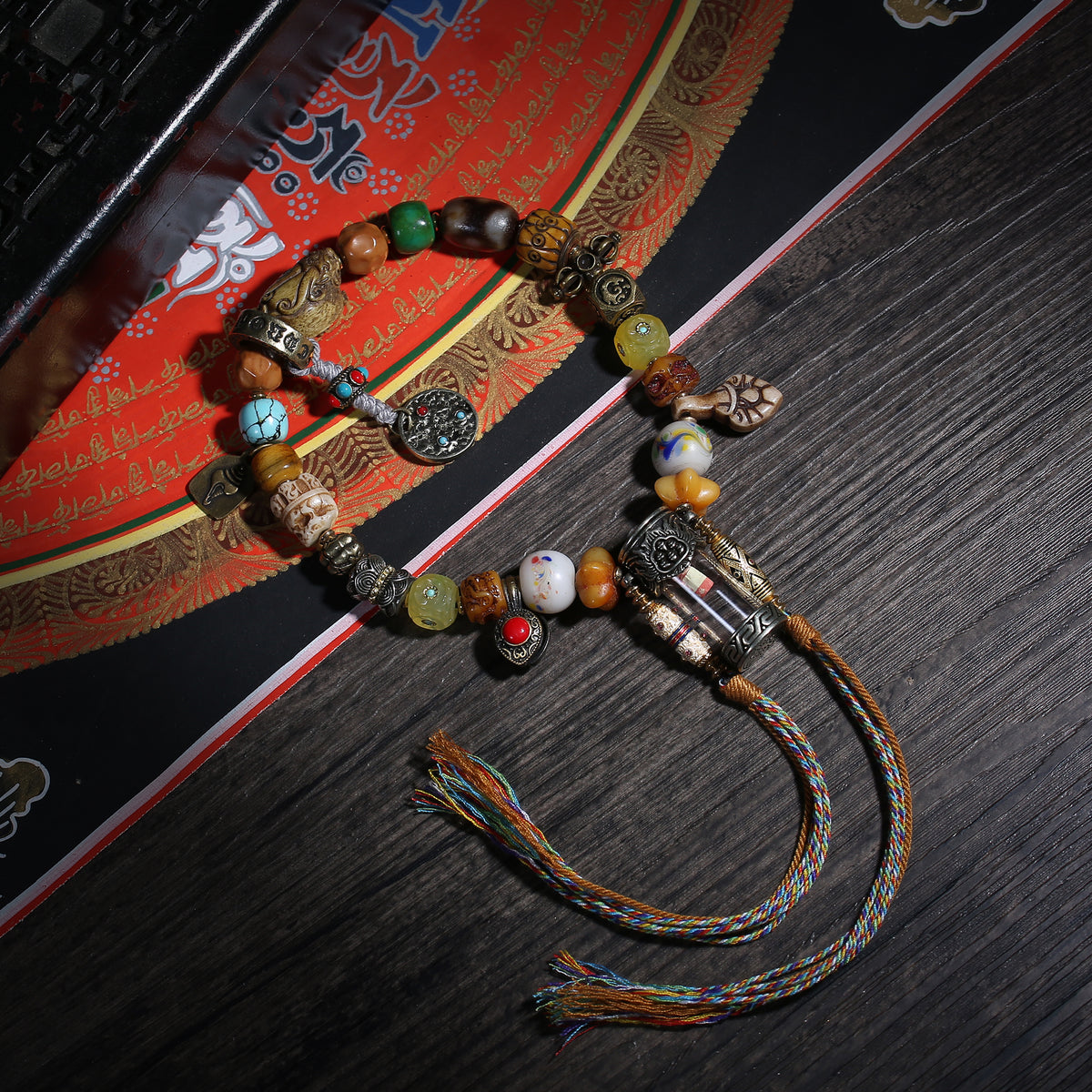 Detail view of Mixed Bead Handheld Tibetan Prayer Beads with Pendant (4 of 6)