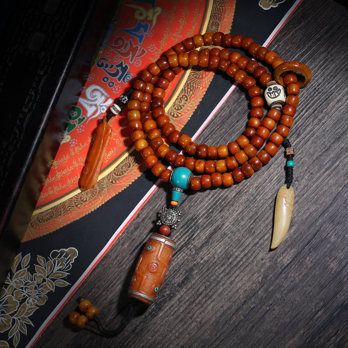 Warm Brown 108 Mala Beads with Turquoise-Color Accents
