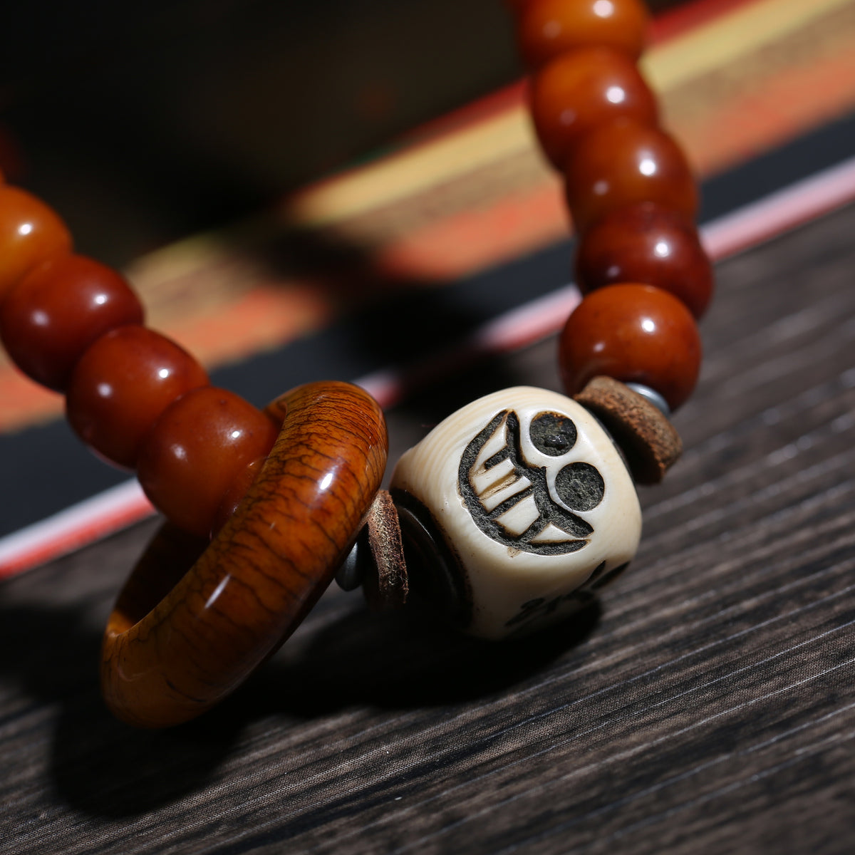Detail view of Warm Brown 108 Mala Beads with Turquoise-Color Accents (5 of 6)