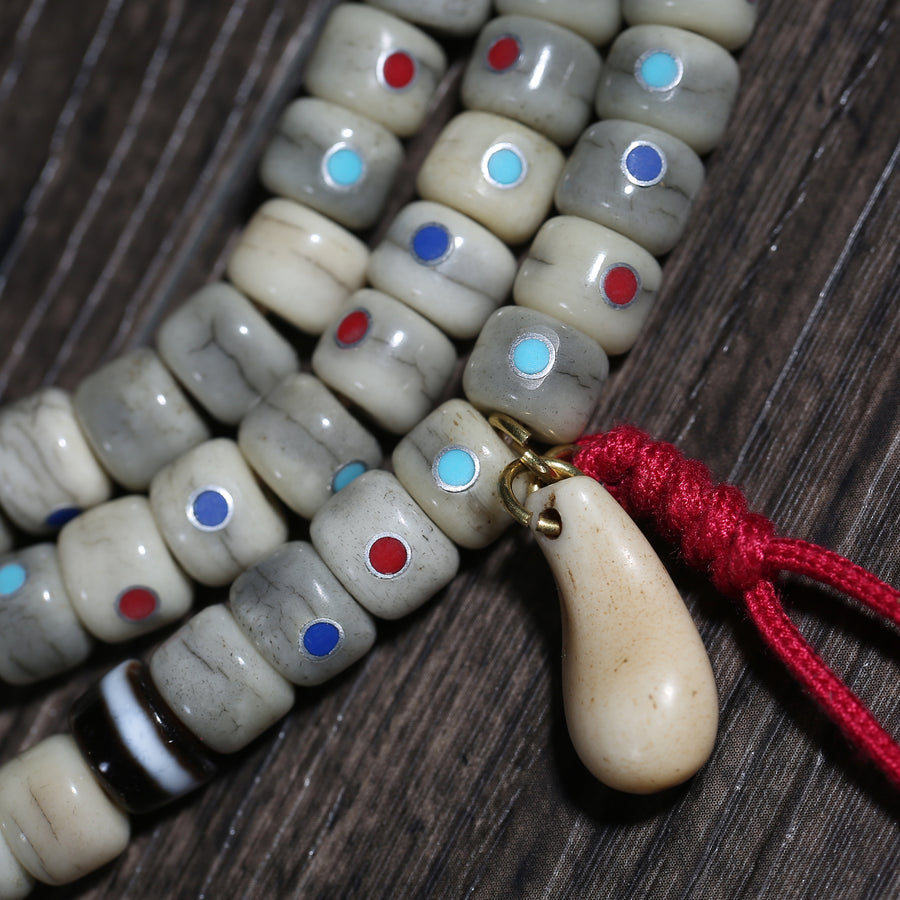 Ivory-Color 108 Mala Beads with Multicolor Inlays