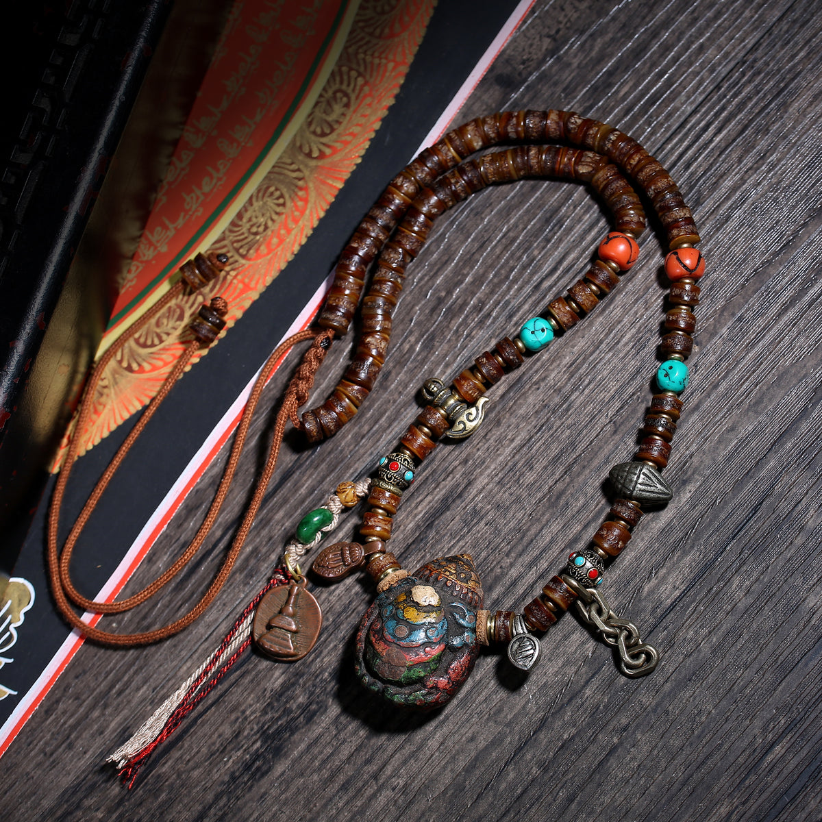 Dark Brown 108 Mala Beads with Turquoise-Color Accents