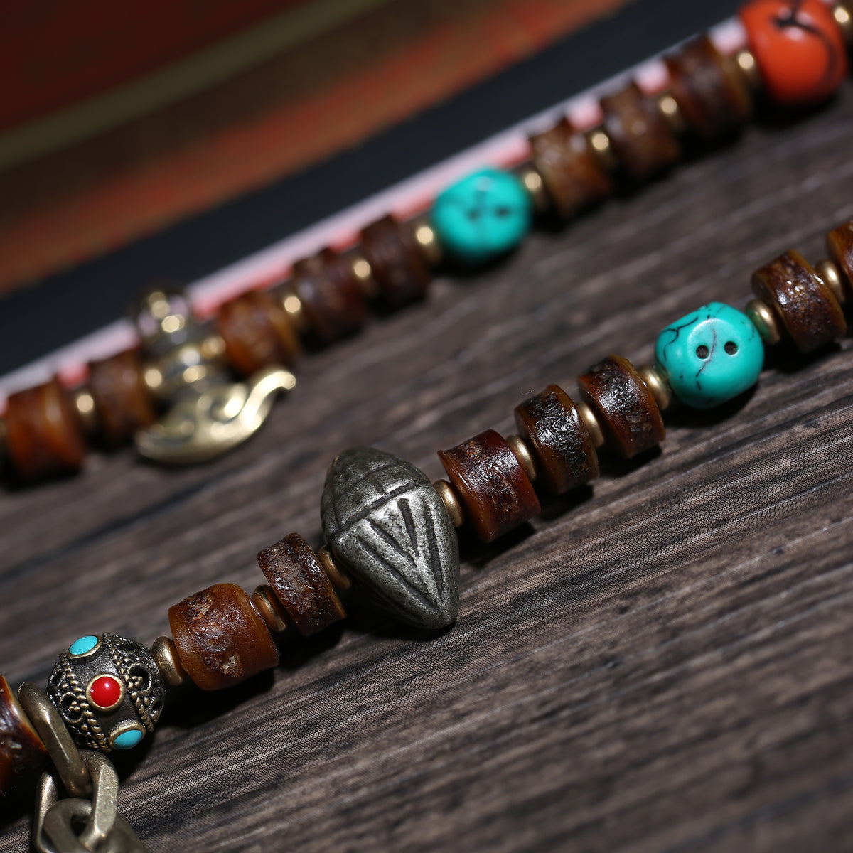 Detail view of Dark Brown 108 Mala Beads with Turquoise-Color Accents (3 of 6)
