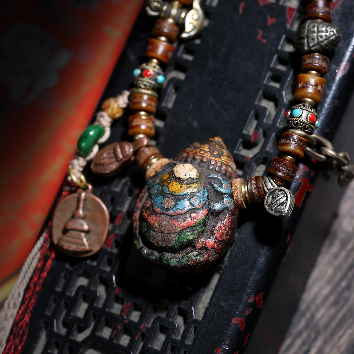 Detail view of Dark Brown 108 Mala Beads with Turquoise-Color Accents (5 of 6)