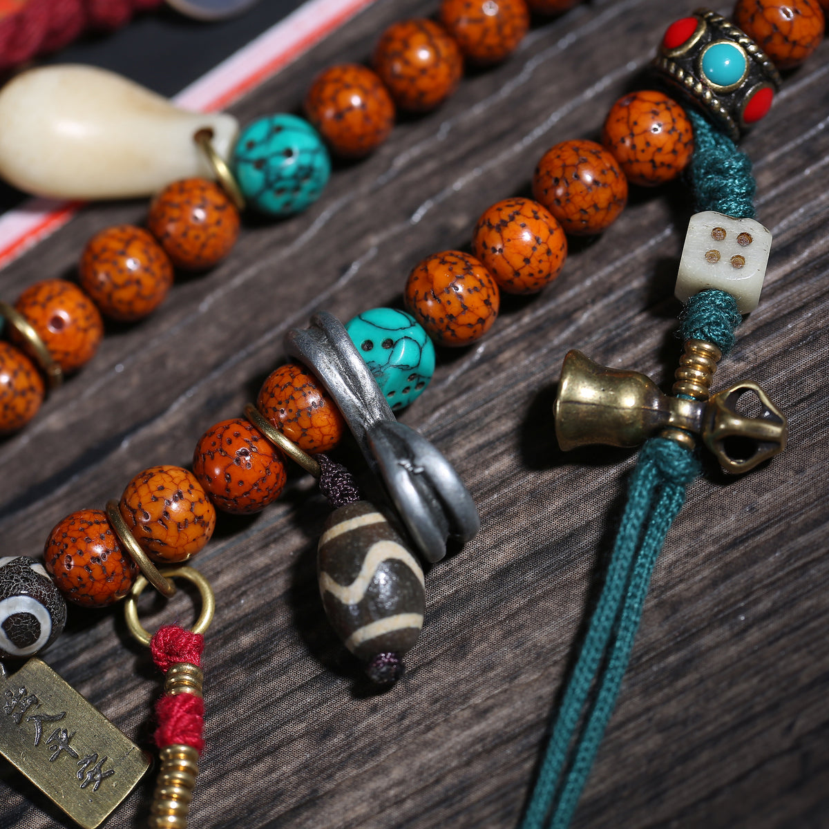 Detail view of Tibetan Bead Necklace with Framed Amulet Pendant (4 of 6)