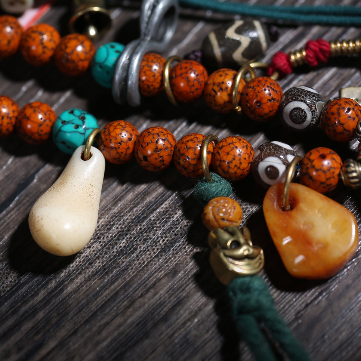 Detail view of Tibetan Bead Necklace with Framed Amulet Pendant (5 of 6)